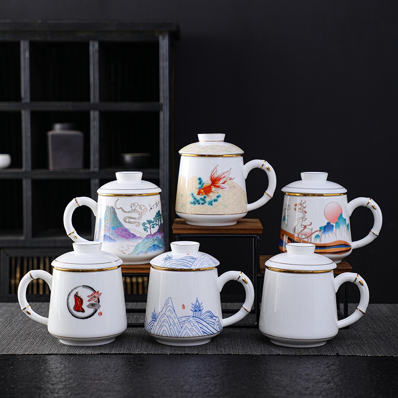 羊脂玉办公杯陶瓷水杯中式泡茶杯茶水分离杯节庆礼品批发logo